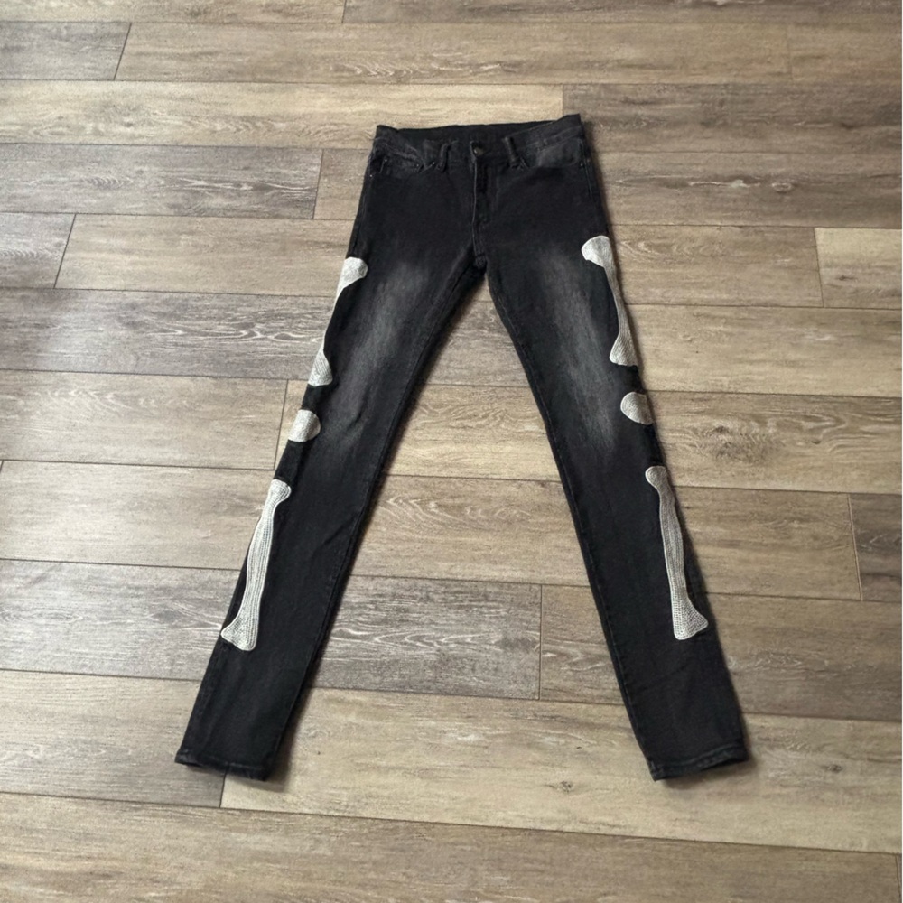 MNML Skeleton Jeans Sz 28 Skinny Bones Goth Rock Emo Alternative Streetwear Punk